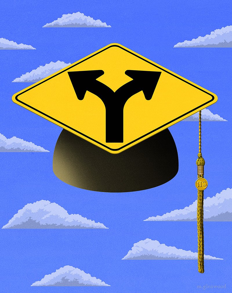 Illustration of mortarboard as arrow sign