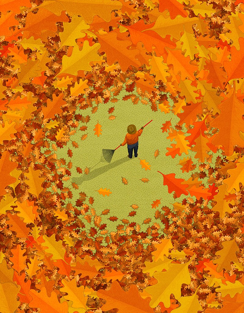 Illustration of man raking leaves